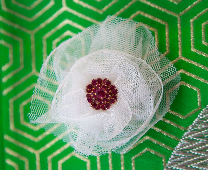 Barrette with Pink Crystals and Cream Netting image 2