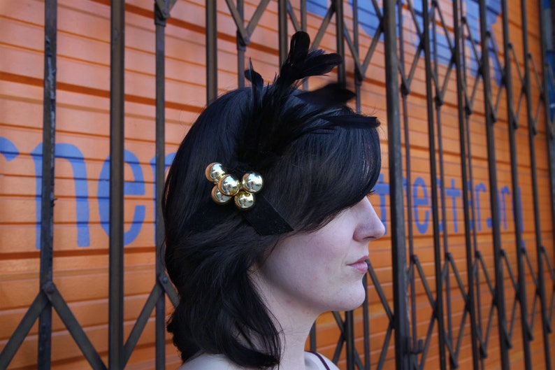 Black Feather Barrette With Gold Spheres Fascinator Pin Brooch Hair Clip image 1