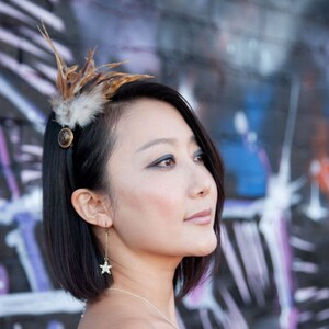 Brown Feather Headband with Gold and Black Vintage Button image 5