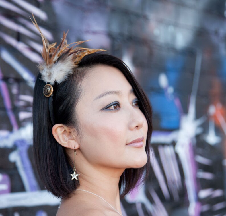 Brown Feather Headband with Gold and Black Vintage Button image 5