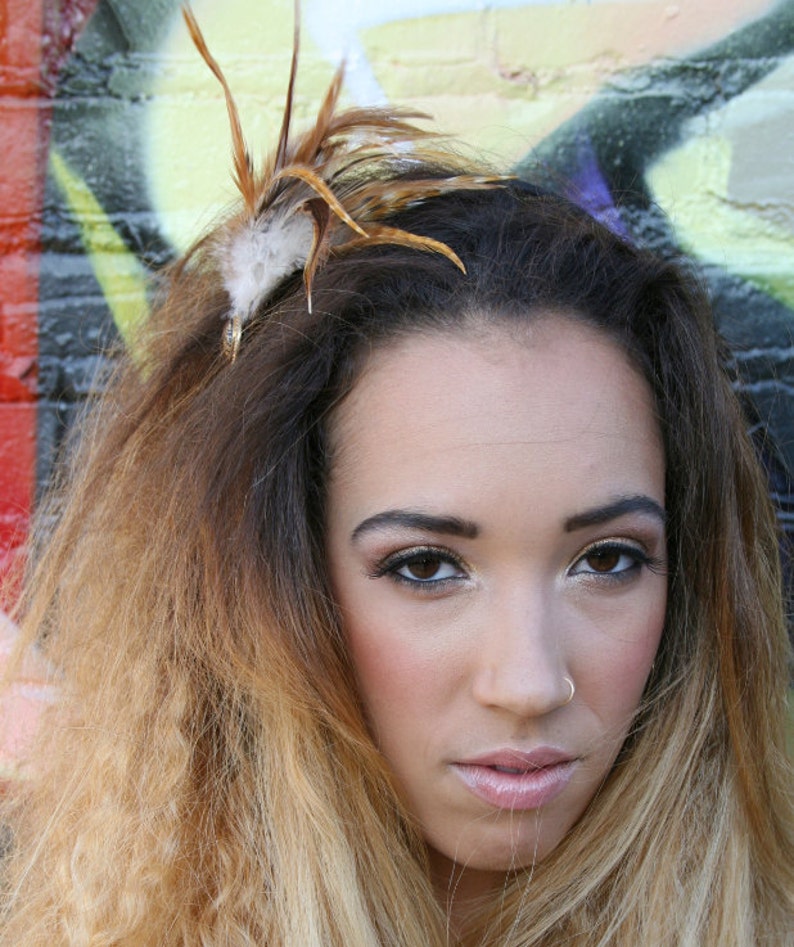 Brown Feather Headband with Gold and Black Vintage Button image 4