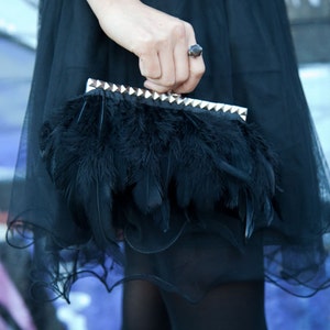 Black Studded Feather Studded Purse Clutch with Jeweled Clasp image 2