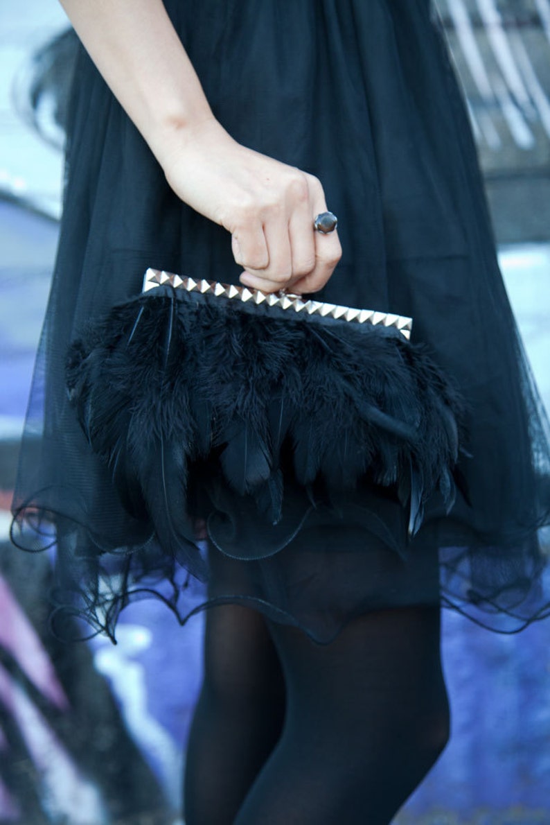 Black Studded Feather Studded Purse Clutch with Jeweled Clasp image 2