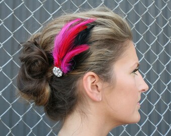 Rhinestone Feather Barrette - Pink, Red and Black Feathers with French Veil and Swarovski Crystal Accent