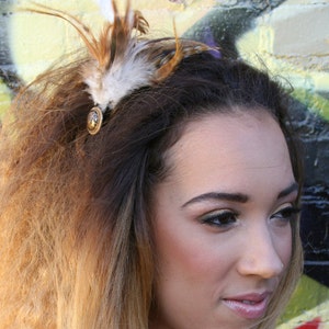 Brown Feather Headband with Gold and Black Vintage Button image 2