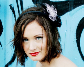 Black Flower Headband with pink netting and black feathers