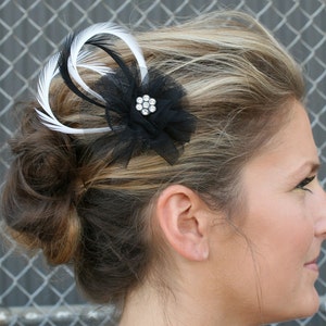 Netting Feather Hair Clip with Crystal, Black Netting, and Goose Biot Feathers