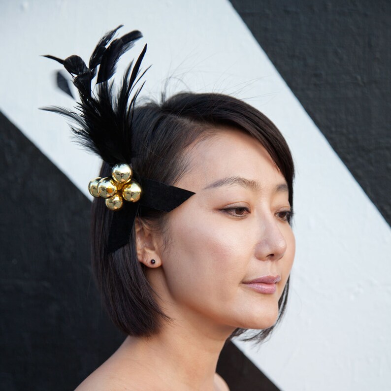 Black Feather Barrette With Gold Spheres Fascinator Pin Brooch Hair Clip image 2