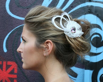 White Wedding Feather Barrette Hair Clip with Irridescent Multi-Colored Crystal Stone and WhiteNetting