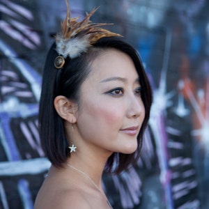 Brown Feather Headband with Gold and Black Vintage Button image 1