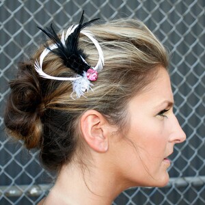 Feather Barrette Pink Swarovski Jewel Crystal, French Veil, and Curled Goose Biot Feathers