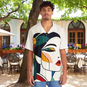 Stilvolles Hawaiihemd für Herren, Sommer-Strandbekleidung, entspannte Passform, Urlaubsoutfit, kunstinspiriertes Design, zwanglose Zusammenkünfte