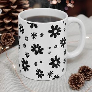 Floral Design Mug, Black and White Coffee Cup, Cute Tea Mug, Spring Gift for Friends, Housewarming Decor