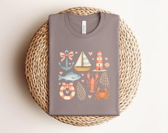 -shirt Coquette côtière maritime | Jolie chemise d'été nautique | T-shirt grand-mère côtier Cottagecore | Graphique esthétique de plage | Cadeau pour elle