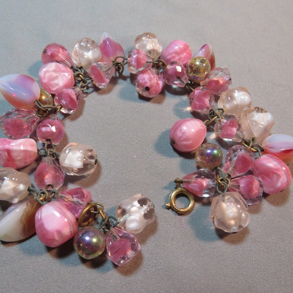 Vintage Pink Glass Dangling Beads Cha Cha Bracelet 2055