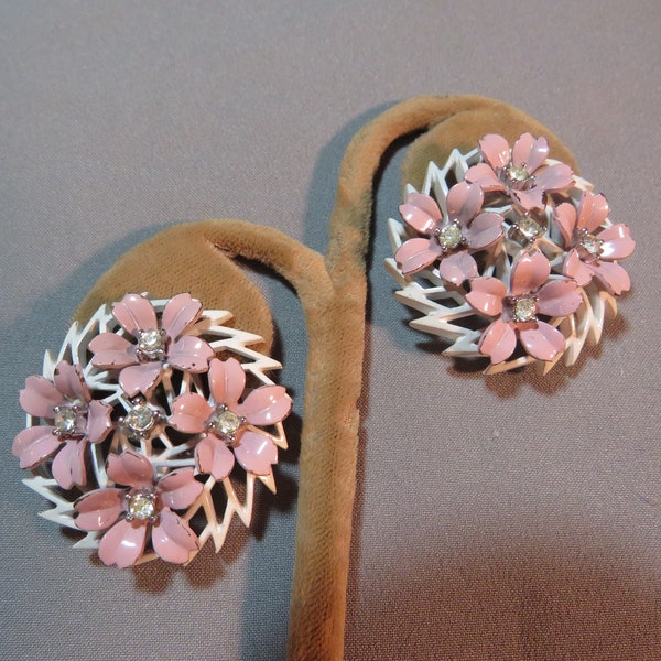 Vintage Crown Trifari Signed White Metal Clip Earrings With Pink Enamel Flowers Rhinestone Centers 1812