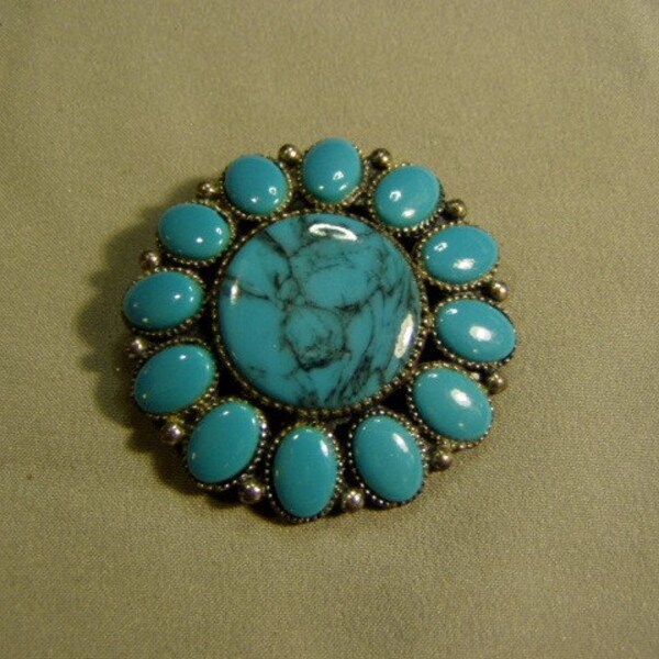 Vintage 1950s Sancrest Faux Turquoise Silver Tone Flower Pin Native American Style 68