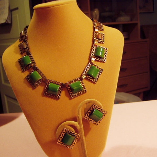Vintage Matisse Renoir Copper Green Enamel Necklace & Clip Earrings Set 9893