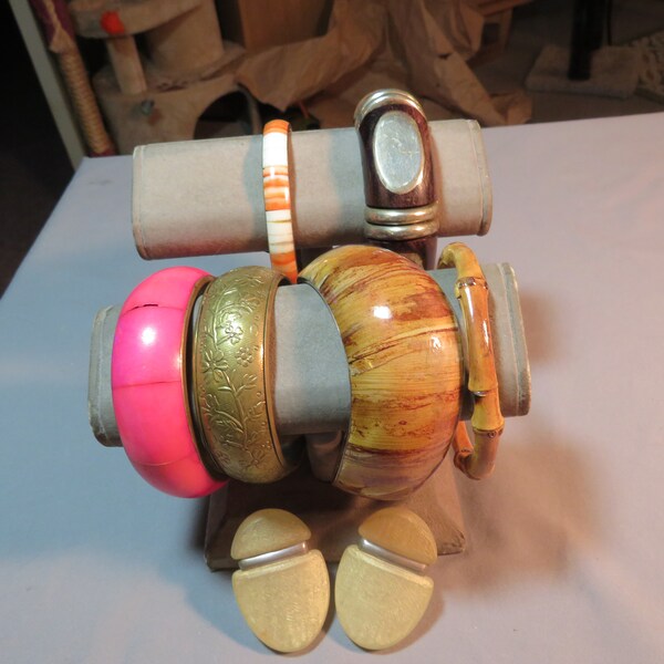 Vintage Lot Ethnic India Style Bangle Bracelets Earrings Bamboo Brass Shell 1954