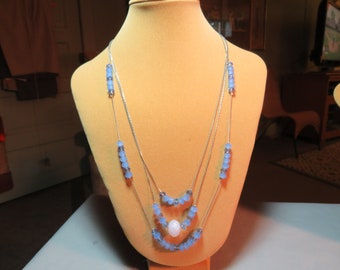 Vintage Faceted Blue Glass & Stone Bead 3 Strand Necklace 1691