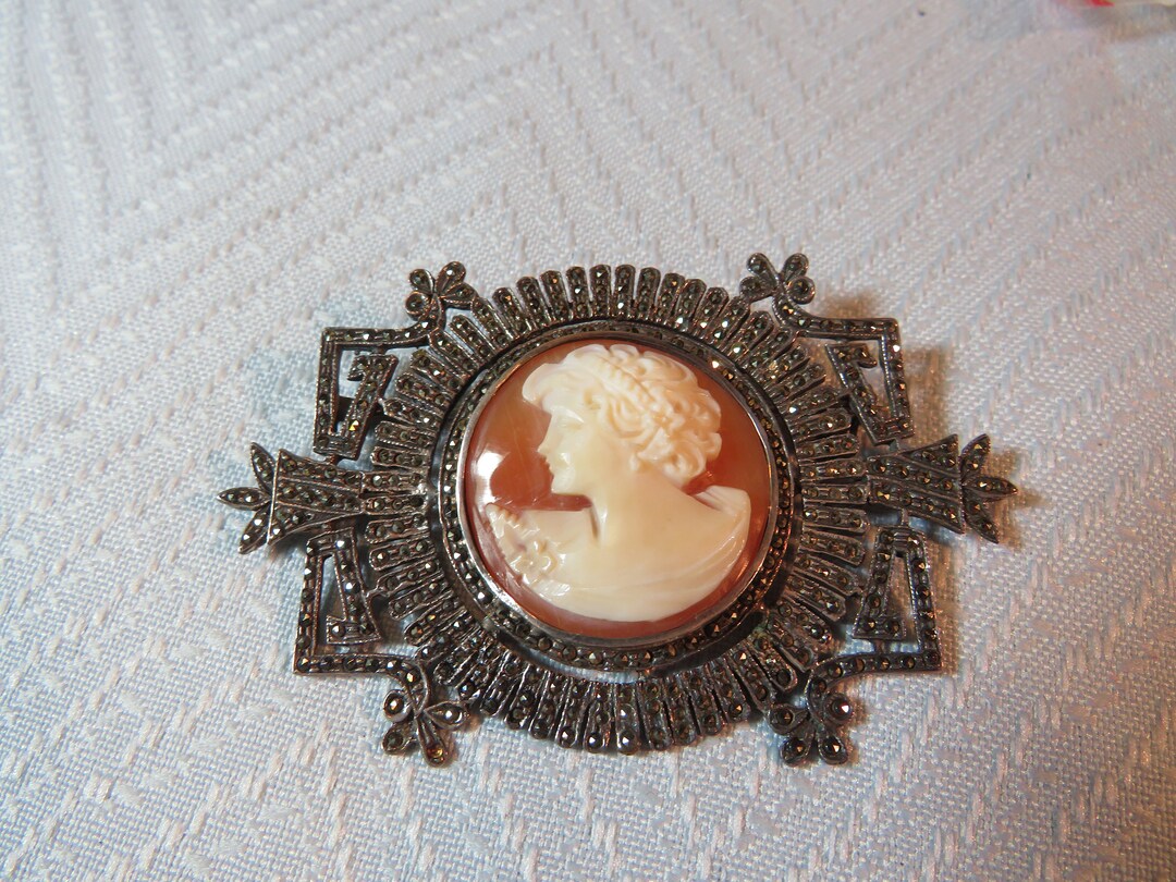 Vintage Art Deco Sterling Silver Marcasite Genuine Carved Shell Cameo ...