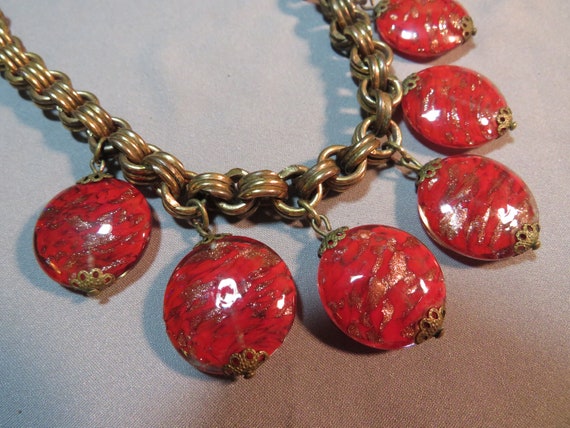 Vintage 1940s Red Glass Glittery Dangling Stone C… - image 4