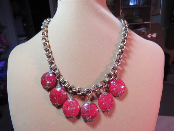 Vintage 1940s Red Glass Glittery Dangling Stone C… - image 1
