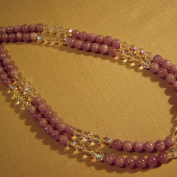 Vintage Polished Amethyst & AB Faceted Glass Bead 2 Strand Necklace Sterling Clasp 9738