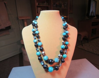 Vintage Vendome 2 Strand Bead Necklace Turquoise & Black Beads 1739