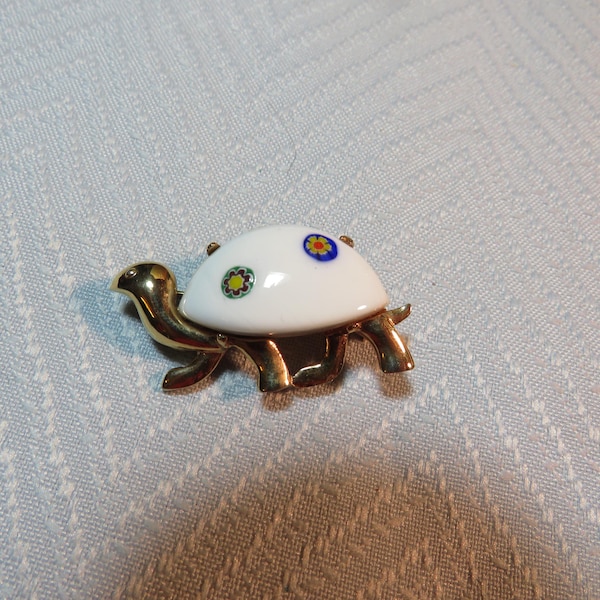 Vintage Eisenberg Signed Turtle Pin Brooch Millefiori Glass Shell 2411