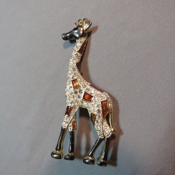 Vintage Roman Signed Giraffe Pin Brooch Rhinestones Enamel 2096