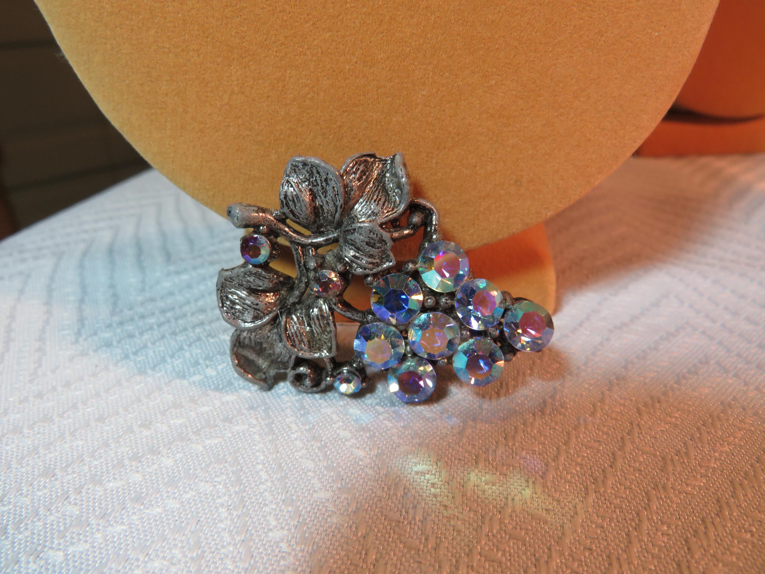 Sparkling Blue Rhinestone/Art Glass/Aurora Borealis ‘30’s Pot Metal Brooch Vintage Blue Aurora Borealis Rhinestone Brooch by Sarah  main image 4