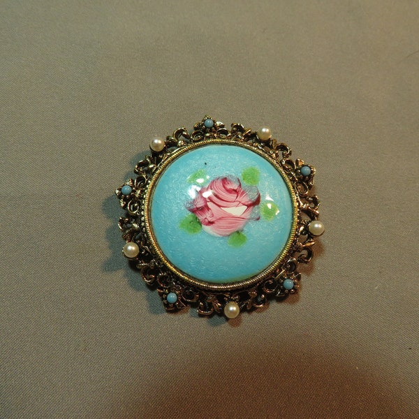 Vintage Round Guilloche Enamel Pin Brooch Signed ART Pink Rose 2041