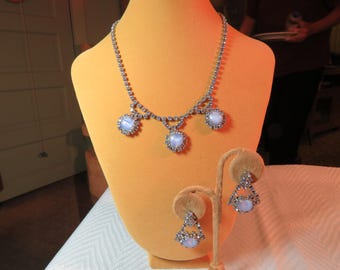 Vintage Silver Tone Blue Rhinestone Blue Glass Cabochon Necklace and Screw Back Earrings Set 2783