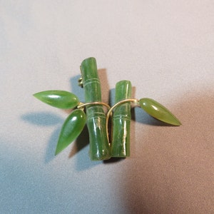 Vintage 1960s Green Jade Carved Bamboo Design Pin Brooch Asian Design 1972