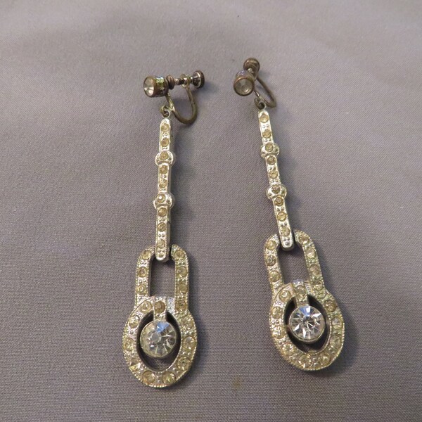 Vintage Art Deco 1930s Rhinestone Drop Dangle Screw Back Earrings 1997