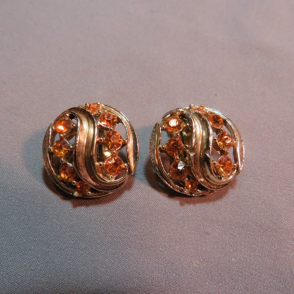 Vintage Lisner Rhinestone Clip Earrings Topaz Orange Color Stones 2080