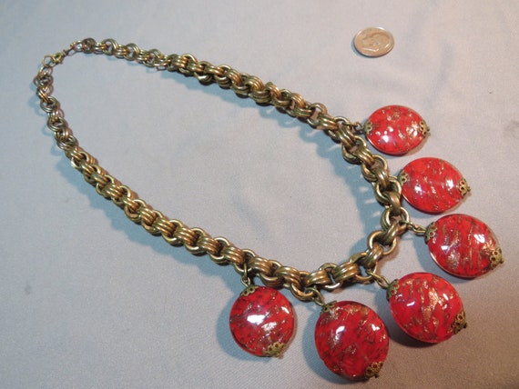 Vintage 1940s Red Glass Glittery Dangling Stone C… - image 3