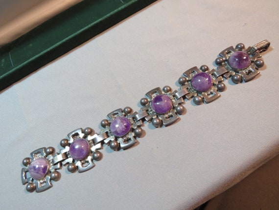 Vintage Sterling Silver Amethyst Mexico Wide Link… - image 1