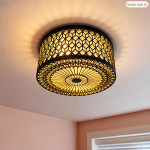 May include: A round flush mount ceiling light fixture featuring a black metal frame with a geometric honeycomb pattern on the sides and a radial sunburst design on the bottom, emitting a warm yellow glow through the intricate cutouts.