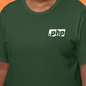 May include: Dark green t-shirt with the white text ".php" inside a white rectangle on the chest. The shirt is a solid color and has a crew neck.