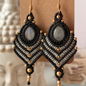 Bohemian moonstone earrings,  Statement earrings with natural stone, Celestial artisan jewelry