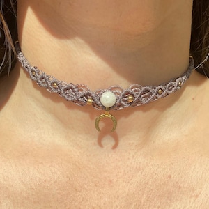 Boho Macrame Choker: Purple Moonstone Necklace with Crescent Moon Pendant