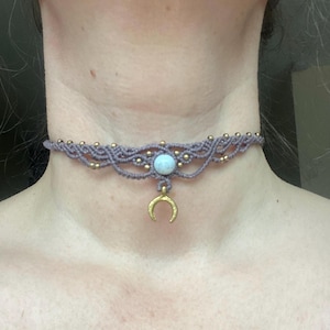 Handmade Macrame Moon Necklace: Bohemian Jewelry with Brass Beads