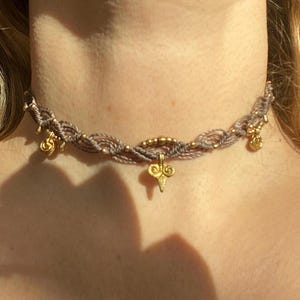 Boho Macrame Choker Necklace: Brass Charm Jewelry Hippie