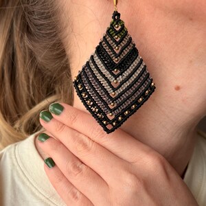 Macrame boho earrings, Geometric statement earrings, Multicolor rhombus earrings, Hippie festival jewelry for women