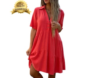 Cotton Linen Patchwork Dress – Solid Color Button-Up High Waist Summer Dress with Lapel | Casual Commuter Gown for Women