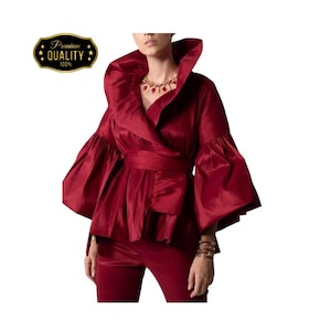 Casual Puff Long Sleeve Ruffles Blouse Office Lady Solid Color Women Wrap Shirts Lapel Collar Elegant Shirt Woman Fashion Female