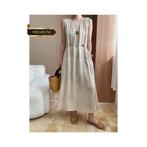 Linen Loose Sleeveless Dress Spring and summer women&#39;s casual solid color round neck sleeveless loose dress