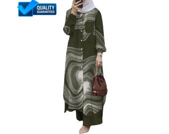 Modest Abaya Set for Women | Long Sleeve Button-Up Shirt & Pants | Dubai Turkish Muslim Outfit | Islamic Clothing Set